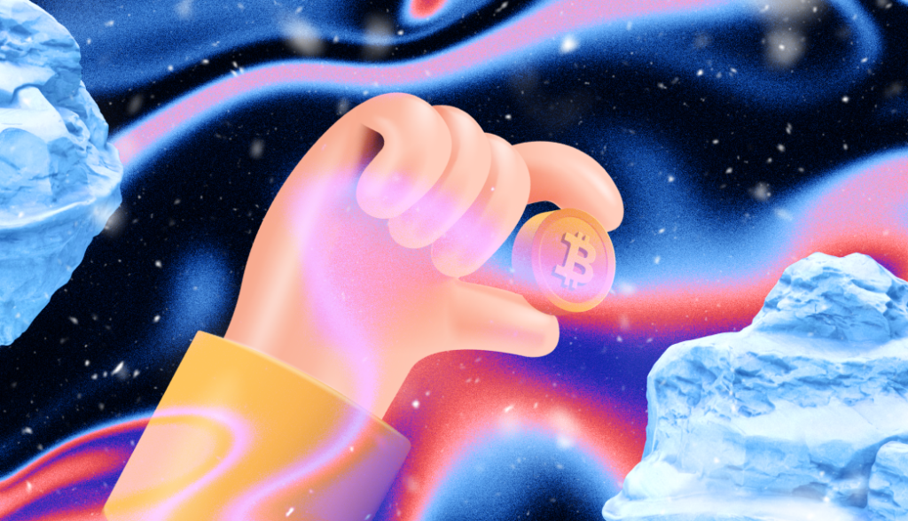 An illustrated hand holds a glowing Bitcoin, symbolizing the futuristic nature of buying crypto on Coinmama.