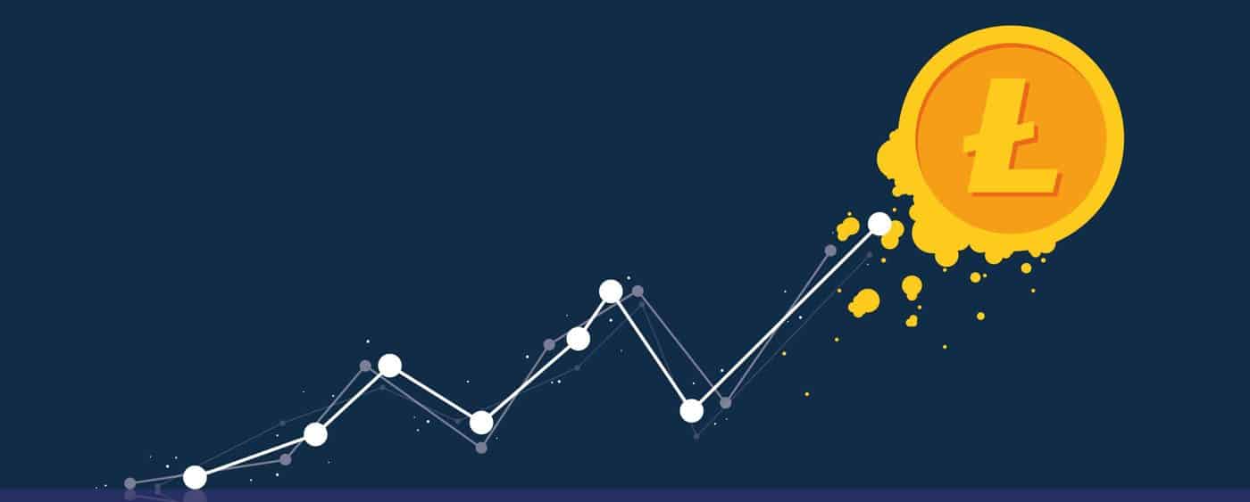 A rising line graph with white data points and a glowing Litecoin logo suggests buying Bitcoin on Coinmama.