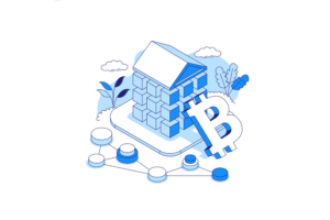 A blue and white illustration shows a blockchain house with a large Bitcoin symbol. Buy crypto now on Coinmama!