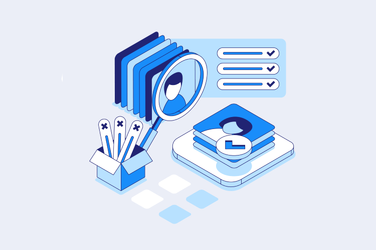 Illustration of magnifying glass examining profiles, a checklist, and ID cards—similar to buying Bitcoin on Coinmama.