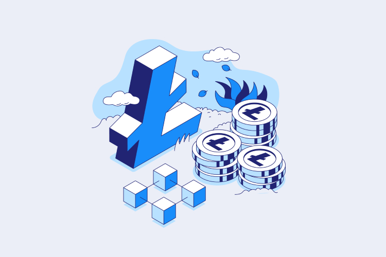 3D Litecoin logo with stacks of Litecoin and Bitcoin coins, blocks, plant, clouds, and abstract shapes.