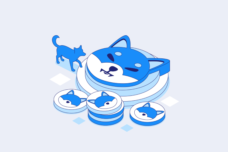 Illustrated image showcases a Shiba Inu dog symbol on coins, hinting at platforms like Coinmama to buy Bitcoin or crypto.